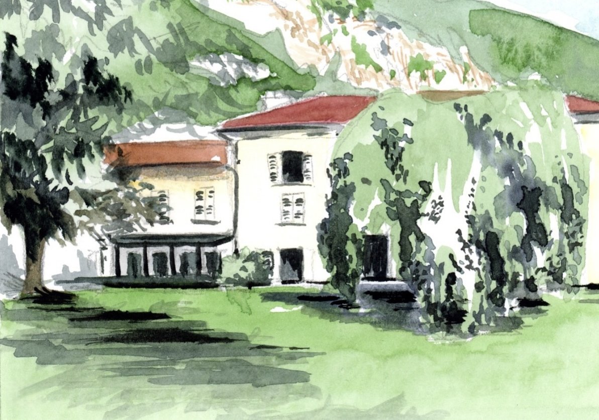 Aquarelle de La Doménie au pied des montagnes